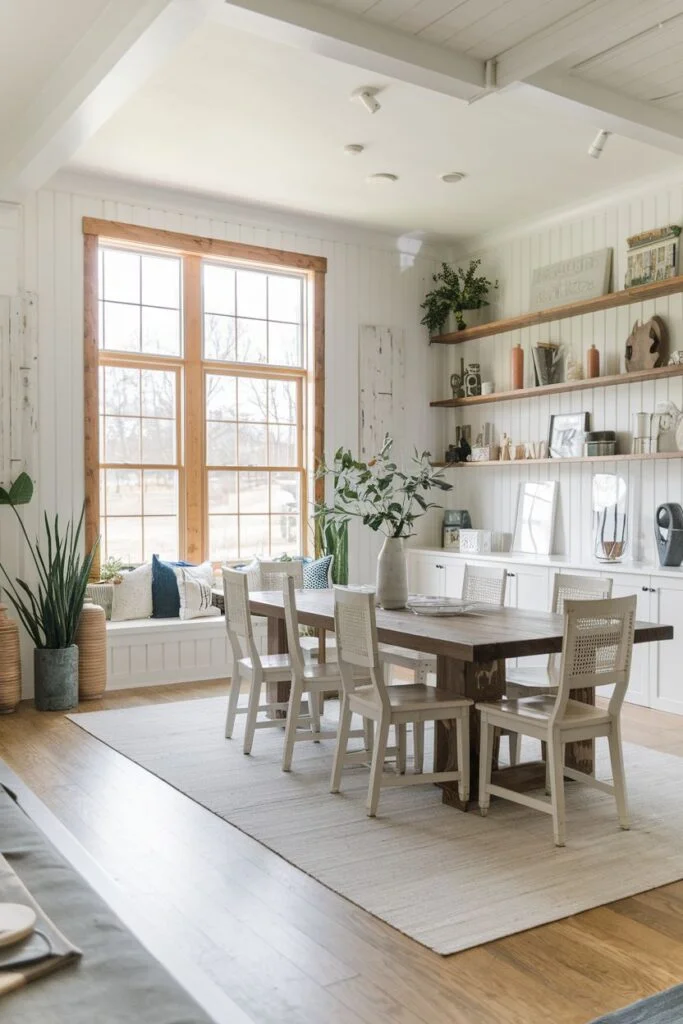 Farmhouse dining room with built-in shelving and window bench