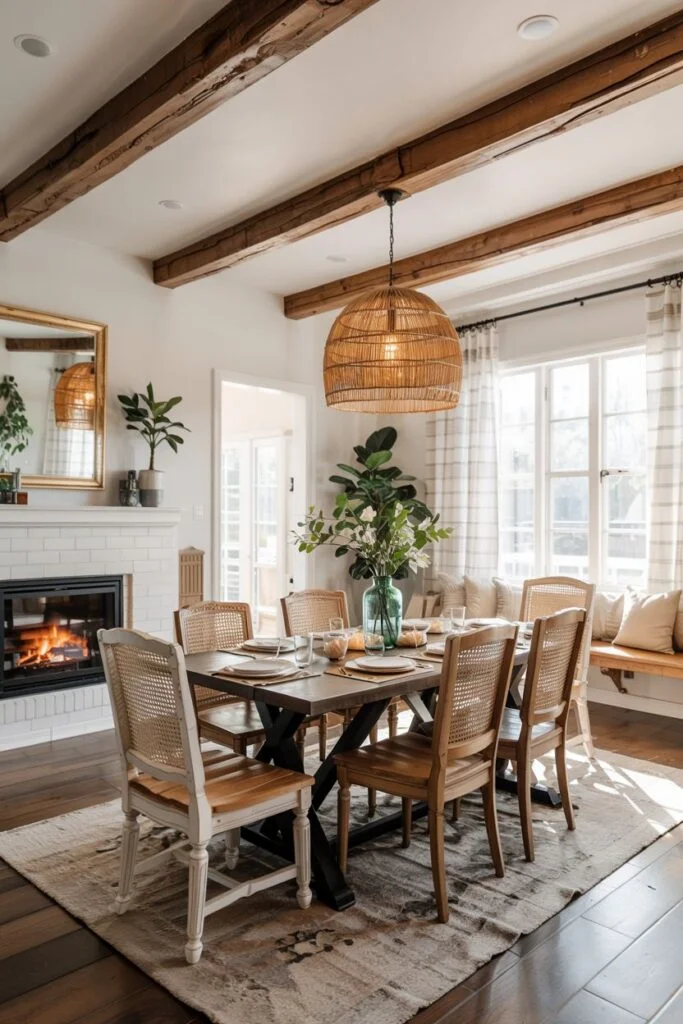 Warm farmhouse dining room with fireplace and woven pendant light