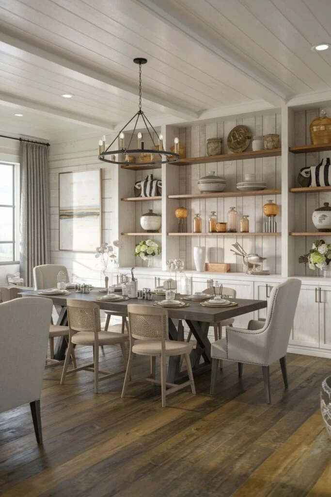Modern farmhouse dining room with built-in shelving and mixed chairs