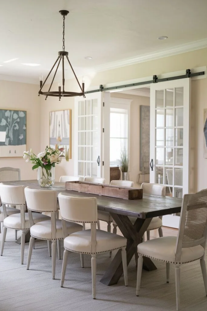 Bright farmhouse dining room with barn doors and upholstered chairs