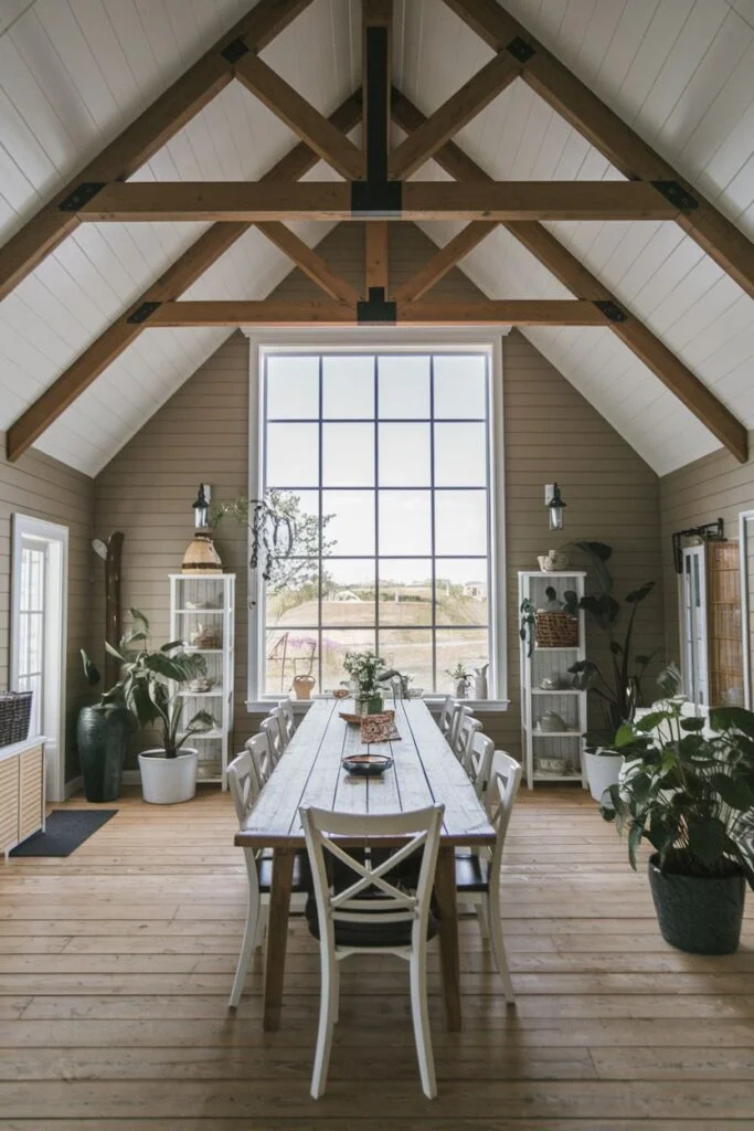 Farmhouse dining room with vaulted ceiling and white cross-back chairs
