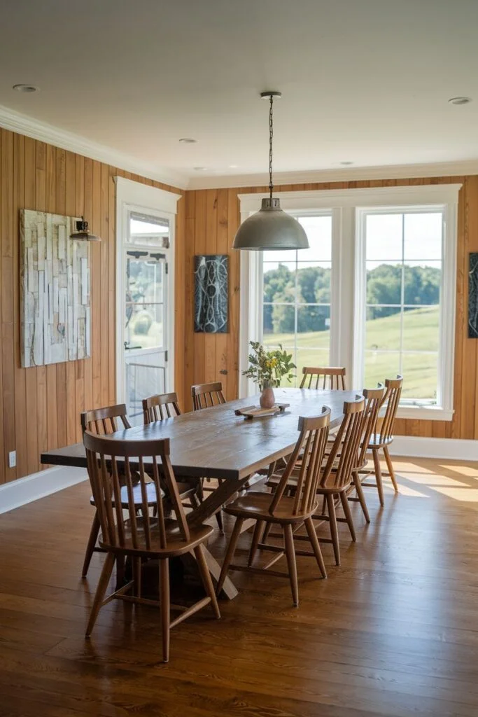 Rustic farmhouse dining room with wood plank walls and pendant light