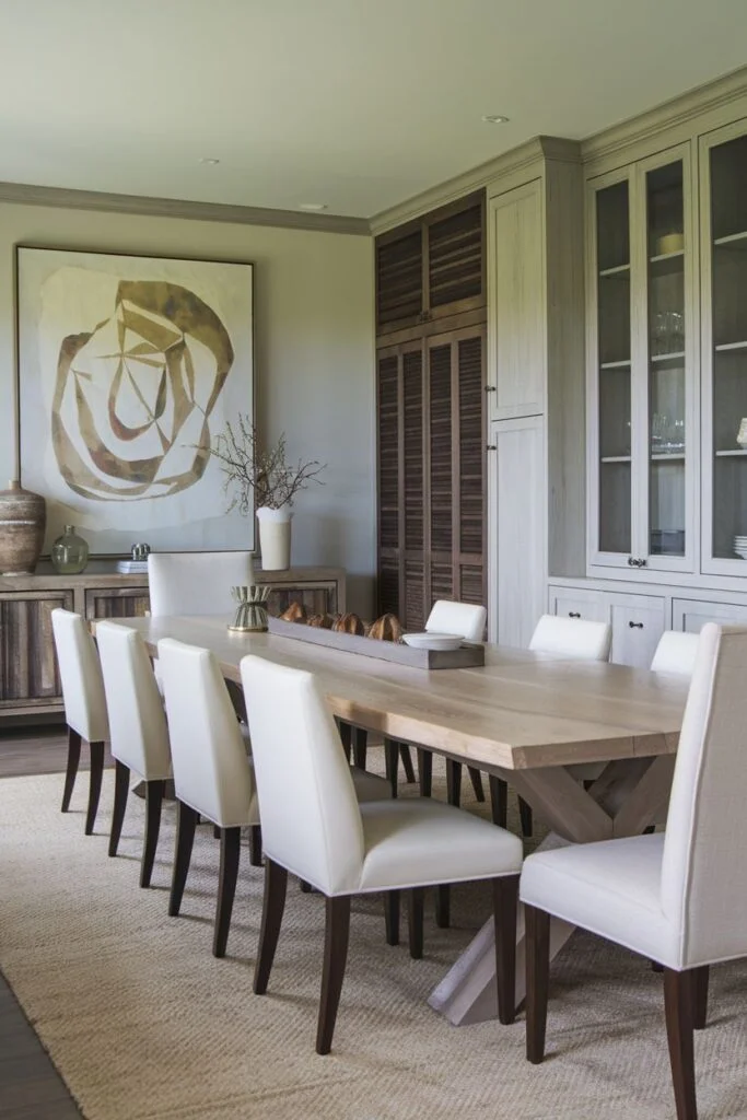 Modern farmhouse dining room with light wood table and built-in cabinetry