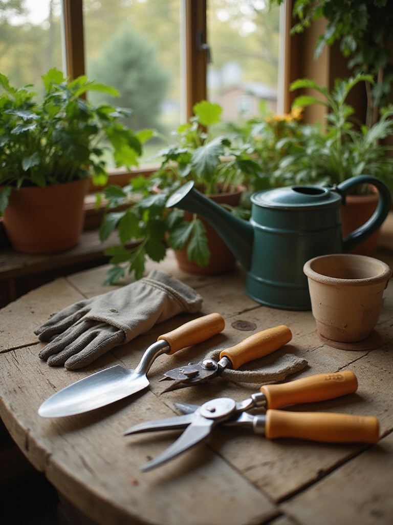 Essential gardening tools arranged on a wooden table with natural light