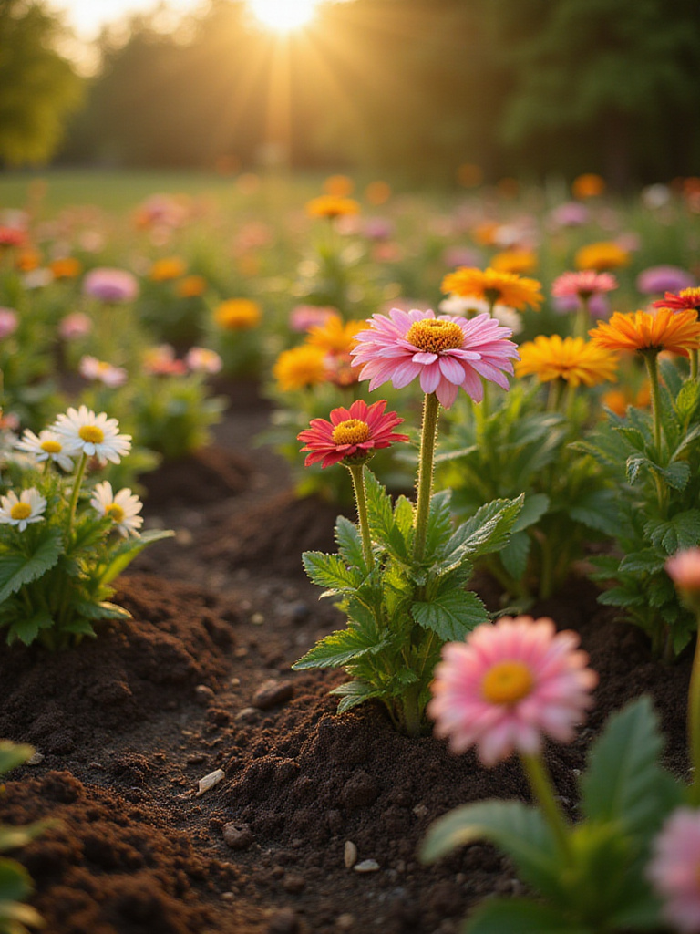 Vibrant flower garden with rich, dark soil illuminated by golden hour sunlight.