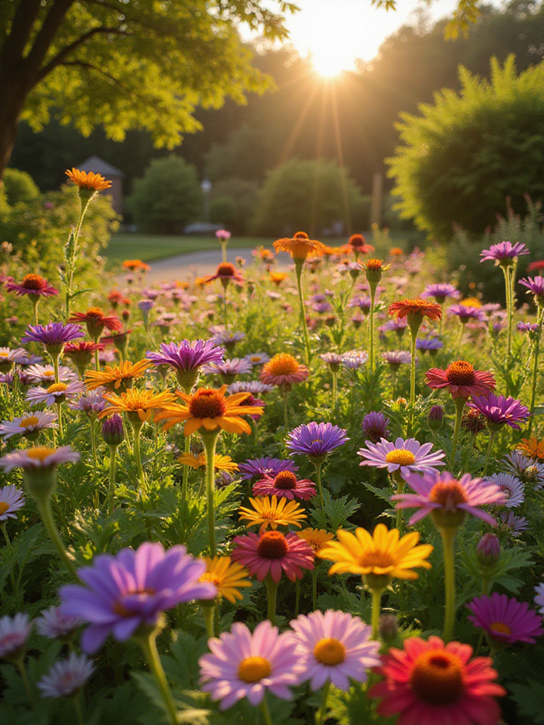Vibrant flower garden showcasing annuals and perennials in full bloom during golden hour.