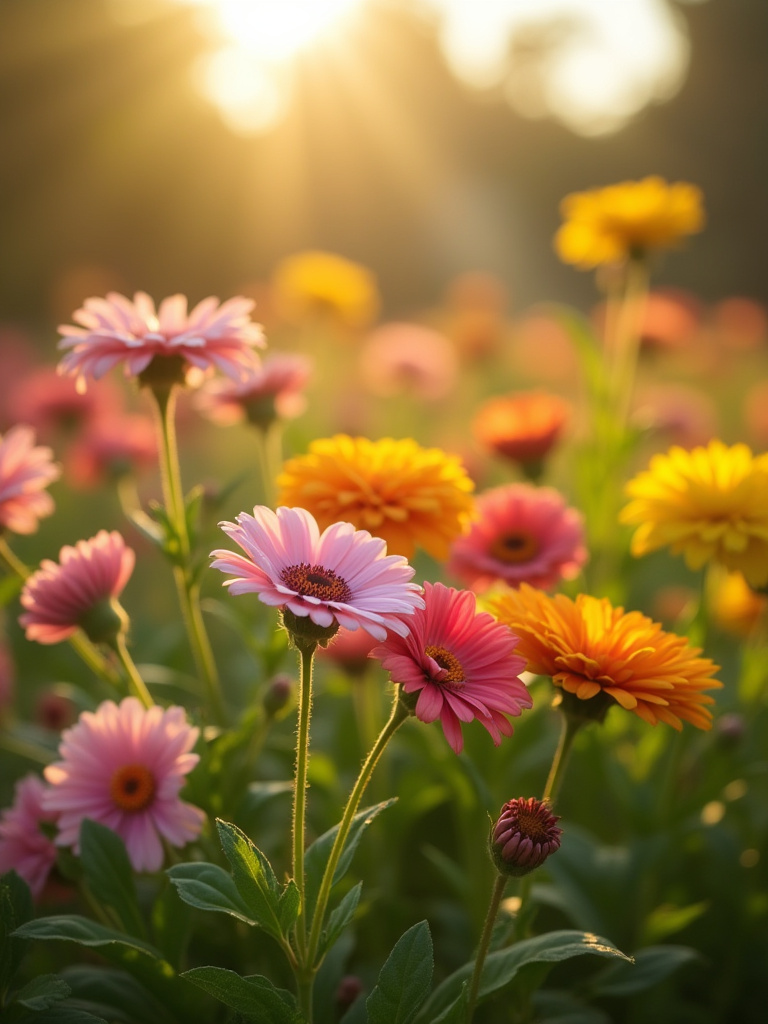 Vibrant flower garden with blooming flowers and green foliage under morning sunlight.