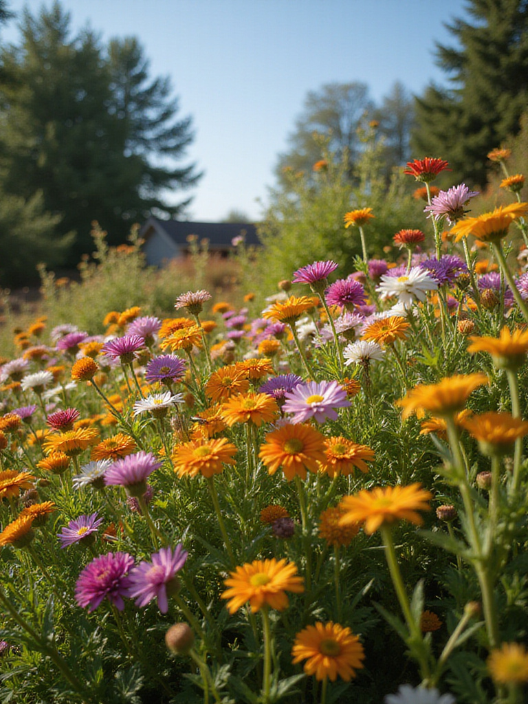 A beautiful array of native flowers blooming in a well-maintained garden, attracting local pollinators.