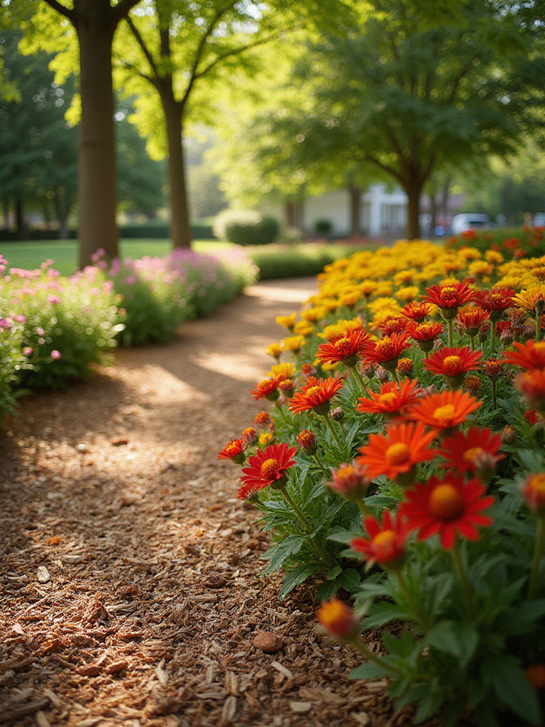 Vibrant flower garden with organic mulch applied, showcasing healthy blooms and rich colors