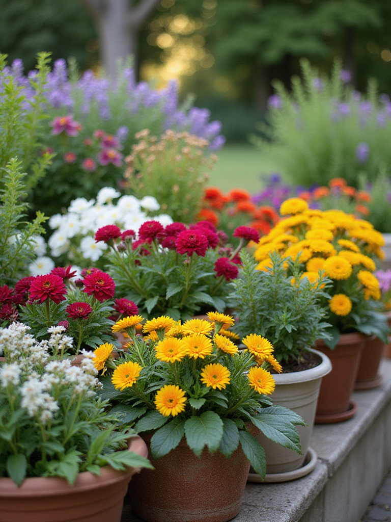 Vibrant container garden filled with colorful flowers in various pots and planters.