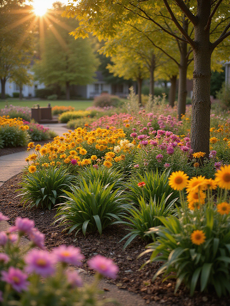 A vibrant flower garden in autumn with colorful perennials and fresh mulch under soft golden hour light.