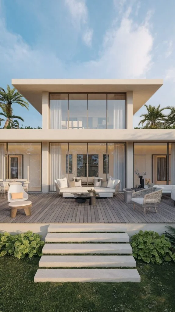 Sleek modern villa facade with clean lines, large glass doors, and wooden deck with outdoor furniture.