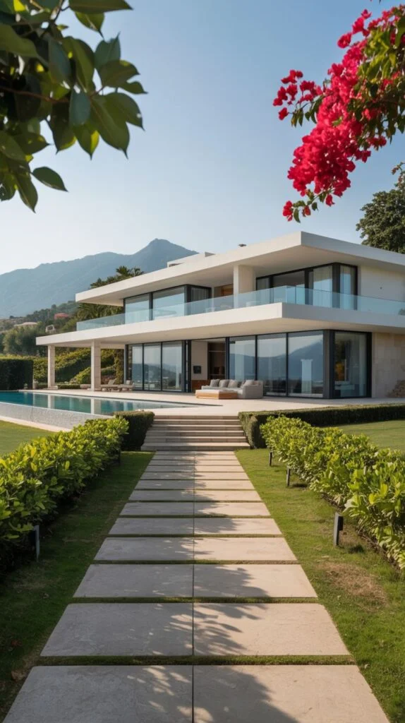 Modern villa facade with large glass walls, white exterior, stone pathway, and infinity pool.