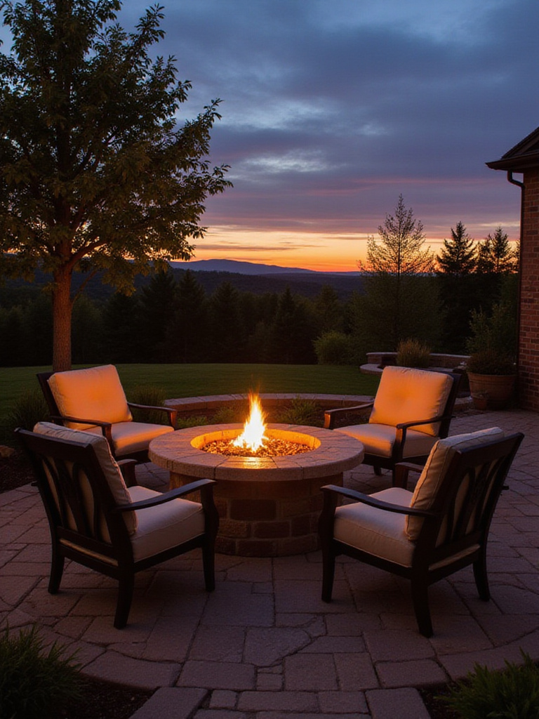 Gas fire pit surrounded by outdoor furniture in a cozy backyard at dusk.