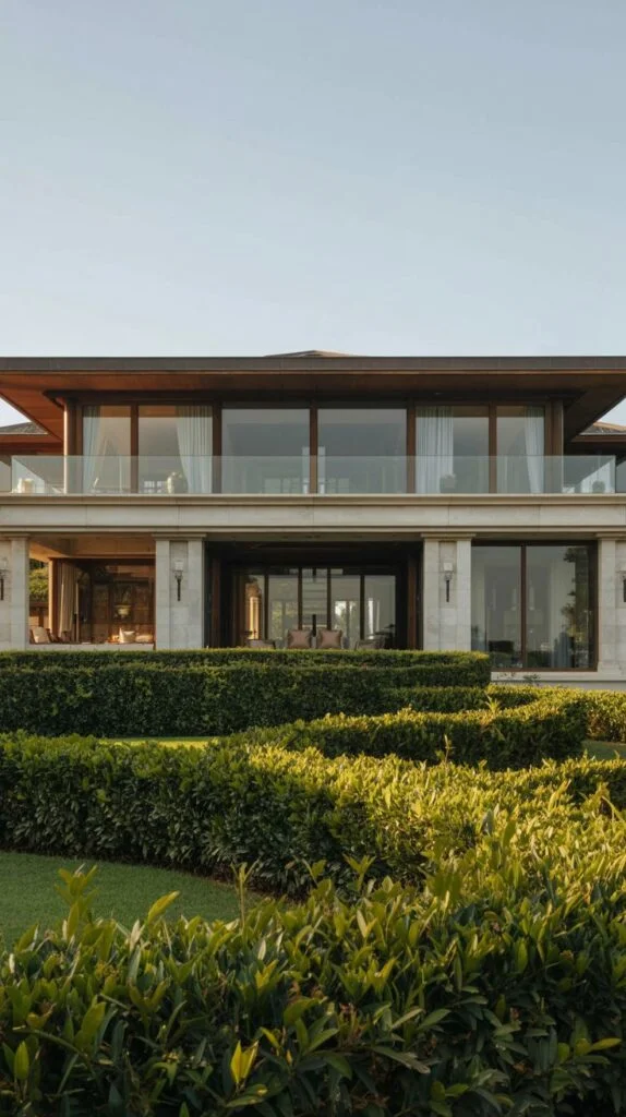 Expansive villa facade with terraces, large windows, and sculpted hedges.