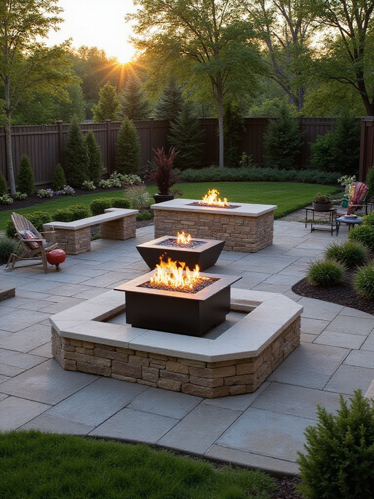 Three fire pit types: portable, built-in, and table in a landscaped backyard.