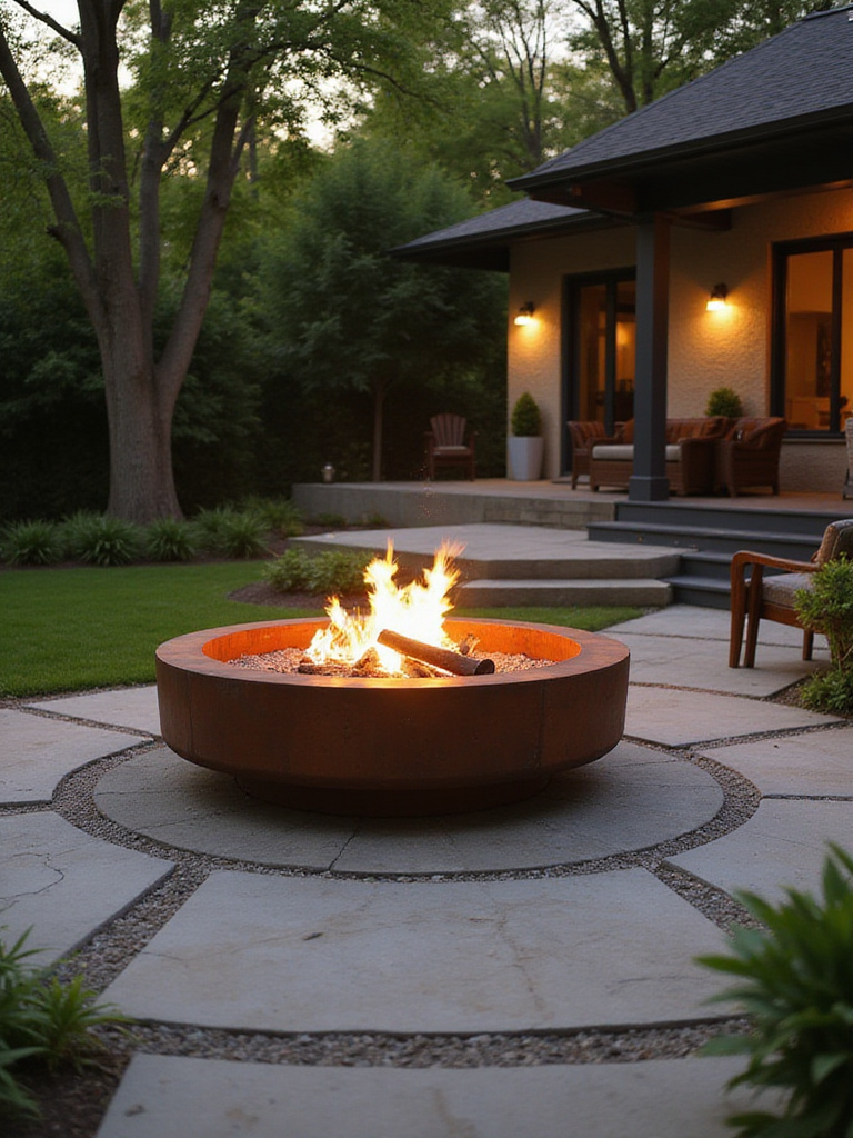 Modern backyard featuring a Corten steel fire pit during golden hour.