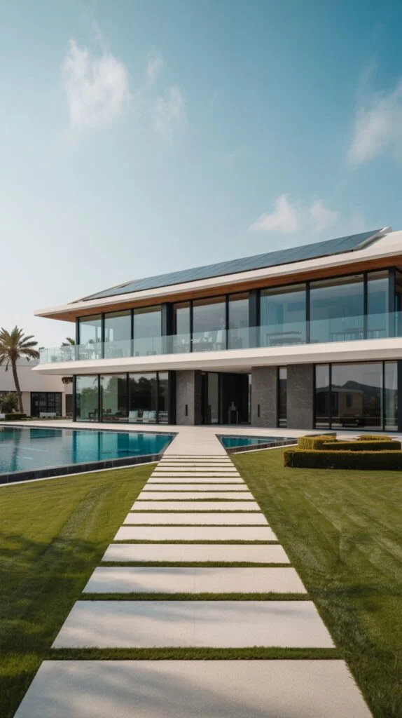 Modern villa facade with solar panels, large glass areas, and a pool with a crossing pathway.