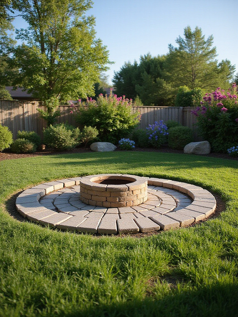 DIY fire pit ring made from concrete pavers surrounded by grass and flowers.