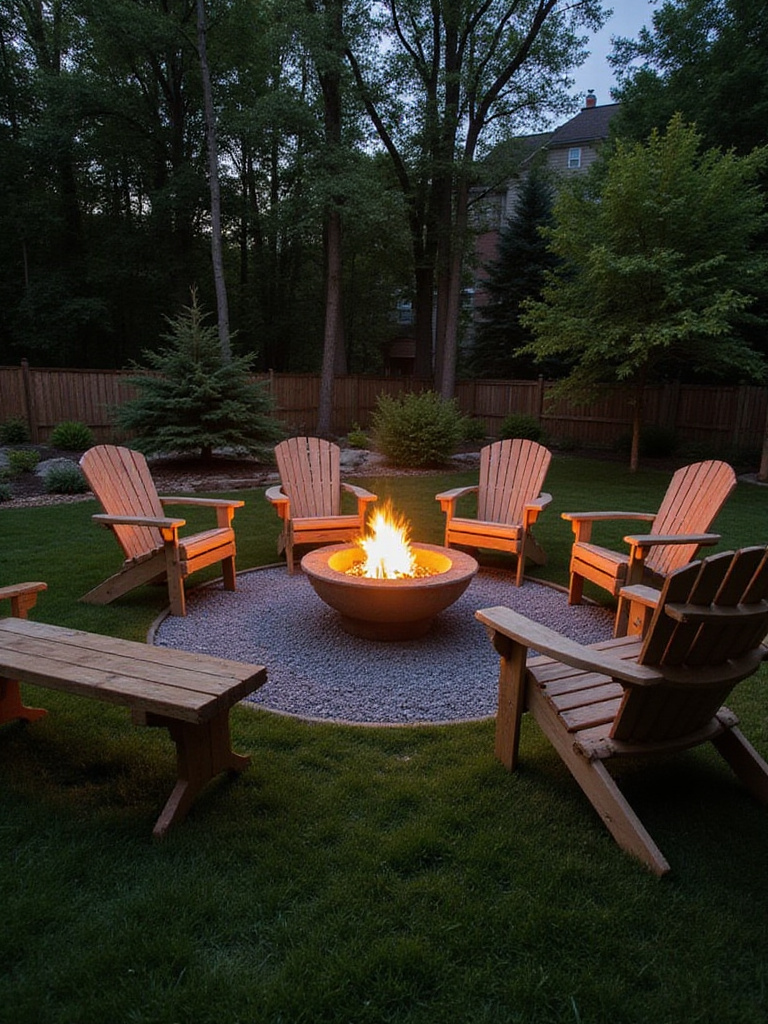 Cozy fire pit area with Adirondack chairs and benches in a backyard.