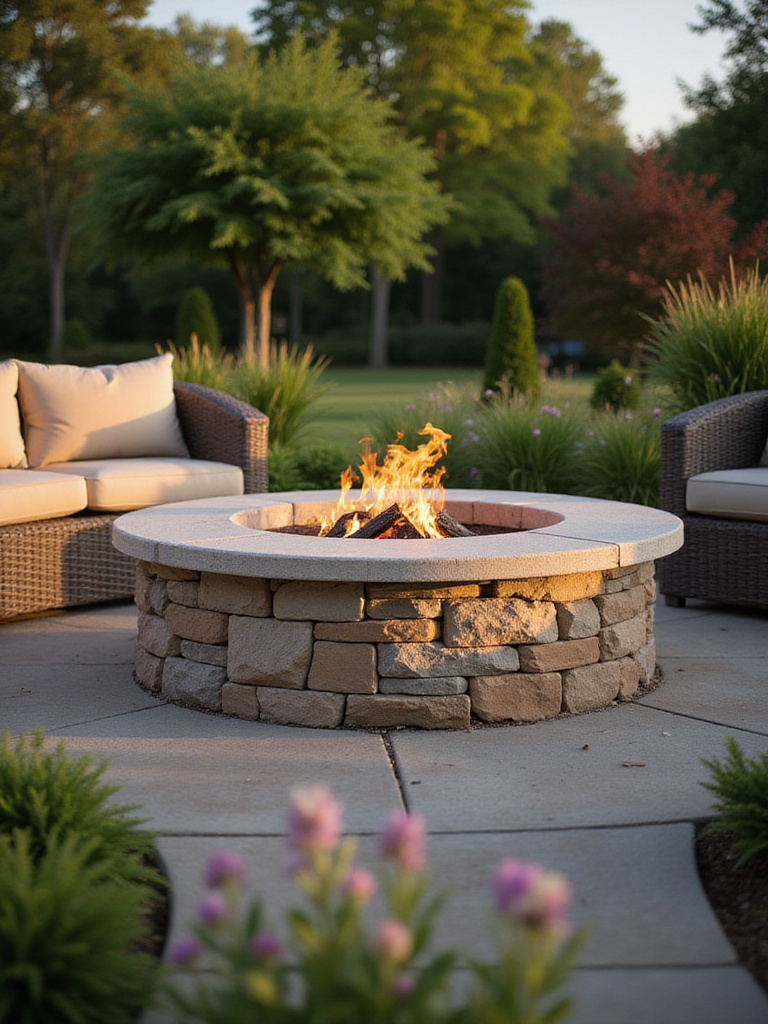 Elegant built-in stone fire pit surrounded by seating in a lush backyard.