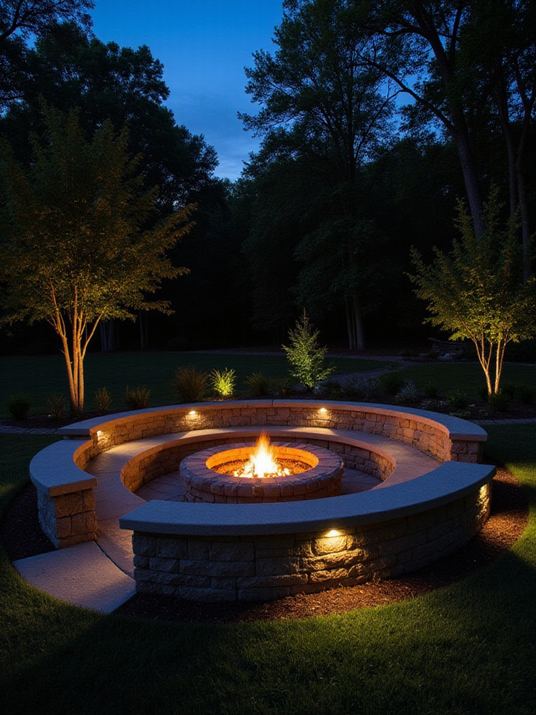 Sunken fire pit area with stone benches in a lush backyard at twilight.