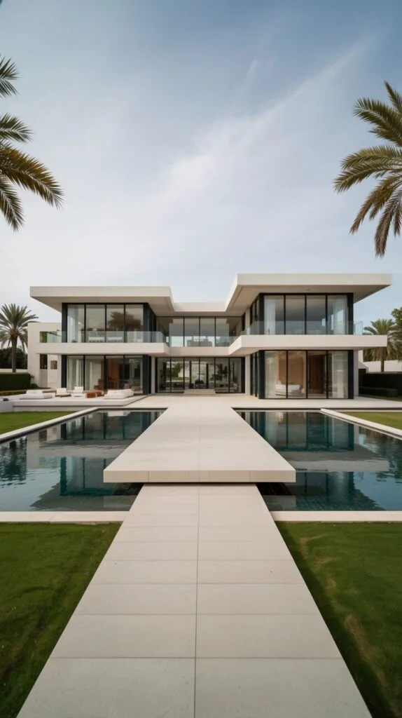 Symmetrical modern villa facade with reflecting pool and extensive glass.