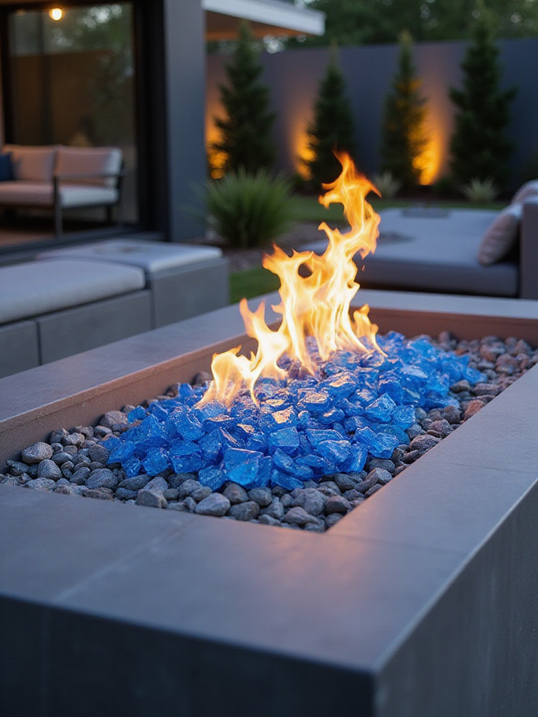 Modern fire pit with blue fire glass and grey lava rocks.