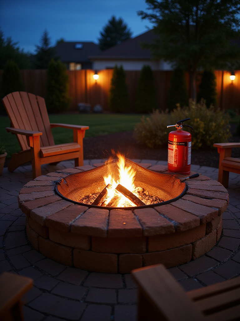 Fire pit with spark screen and fire extinguisher for safety.