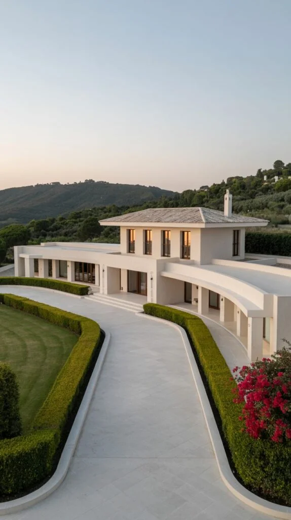 Elegant villa facade with white walls, distinct roof, and sweeping curved driveway.