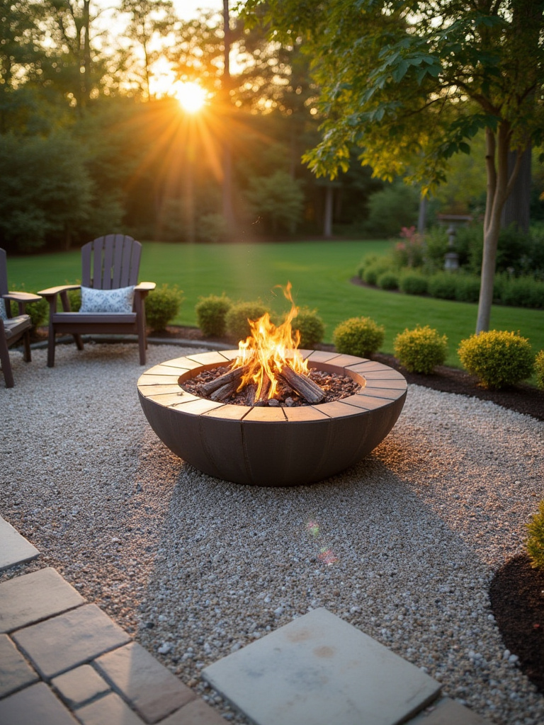 Fire pit surrounded by decorative gravel and patio stones.