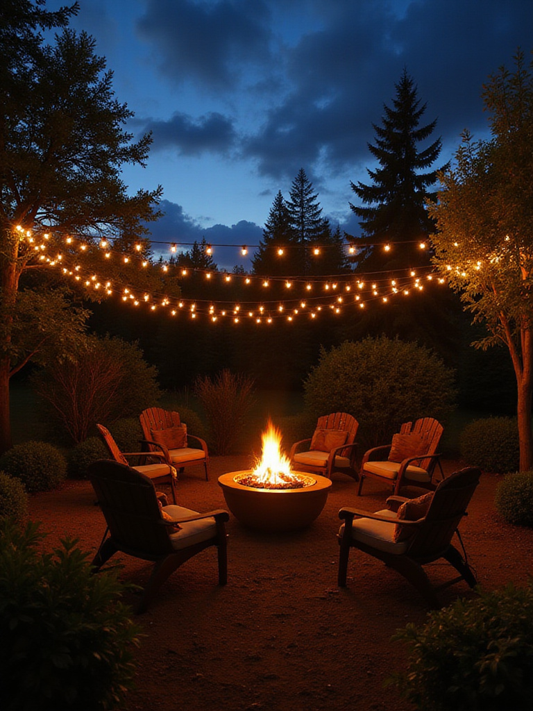Fire pit area illuminated with string lights at dusk.