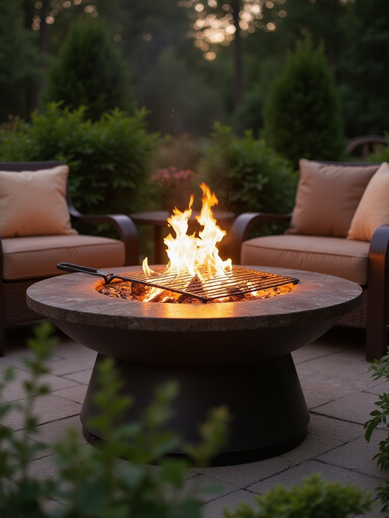 Fire pit with grill grate in a backyard setting.