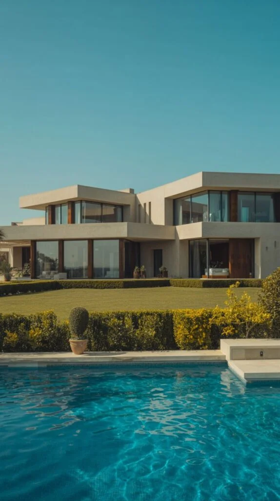 Angular modern villa facade with stacked horizontal sections, large windows, and terraced landscaping.
