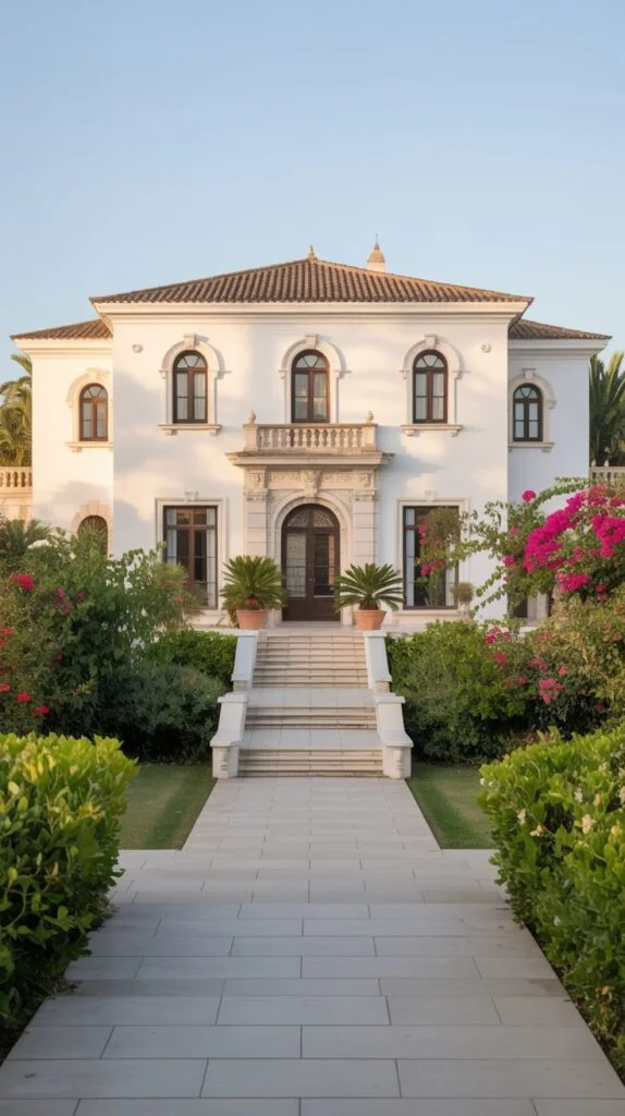 Classic Mediterranean villa facade with arched windows, tiled roof, and lush landscaping.