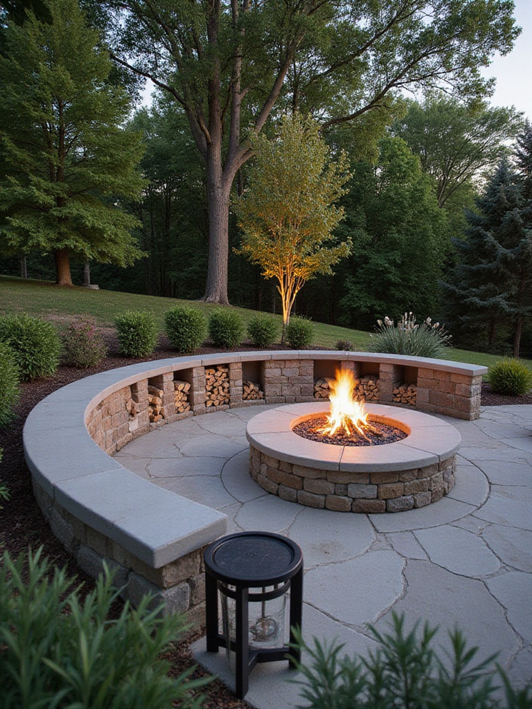 Backyard with discreet storage for firewood and propane tanks beside a modern fire pit.