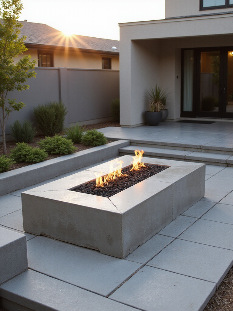 Rectangular fire pit in a contemporary backyard setting.