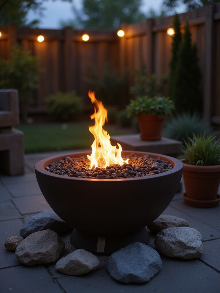 Compact fire bowl in a cozy small backyard at twilight.