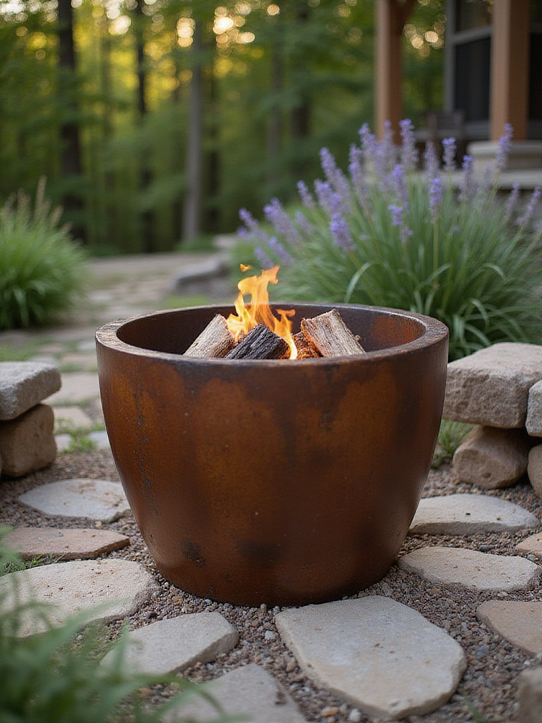 Corten steel fire pit in a rustic backyard with natural stones and greenery.
