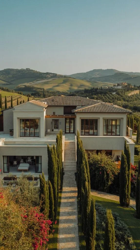 Hillside villa facade with tiled roof, light exterior, and cypress-lined pathway.