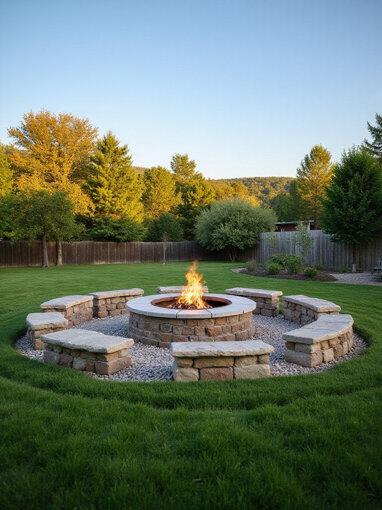 Serene backyard with a beautifully designed fire pit surrounded by greenery.