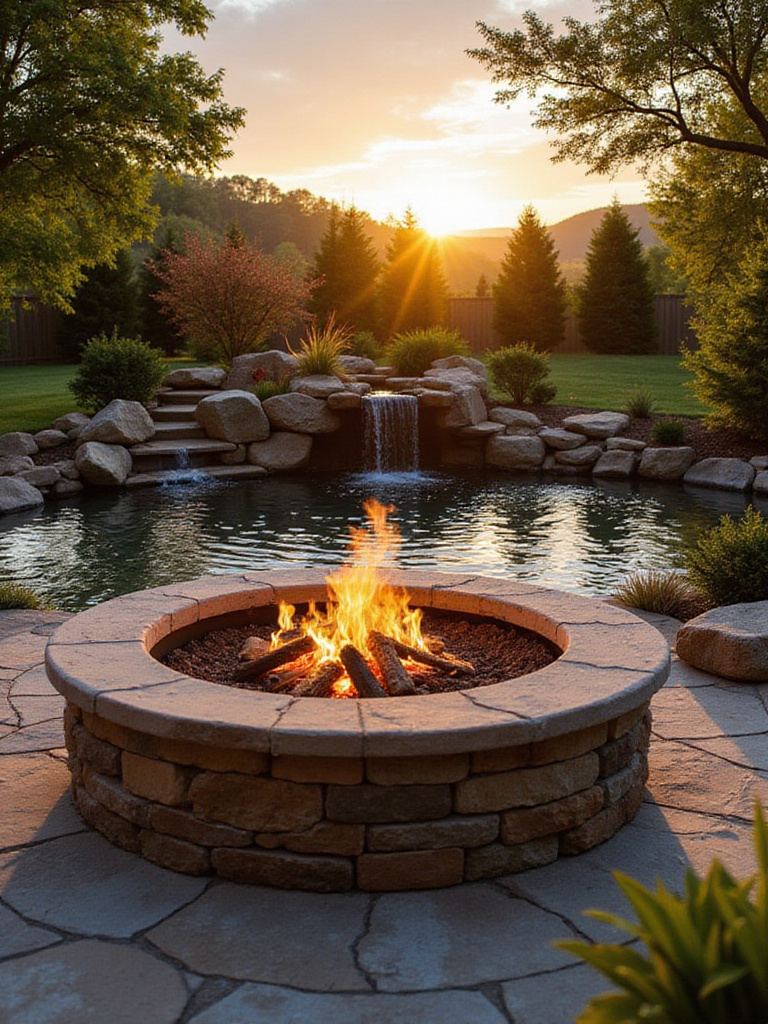 Backyard with fire pit and water feature showcasing harmony of fire and water.