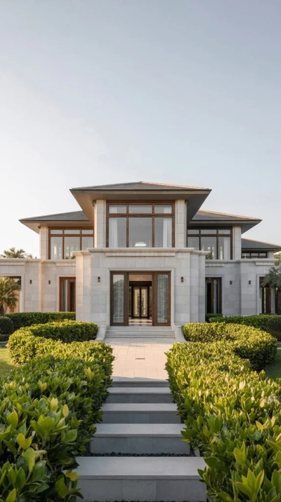 Modern villa facade with grand entrance, large wooden doors, stone cladding, and large windows.