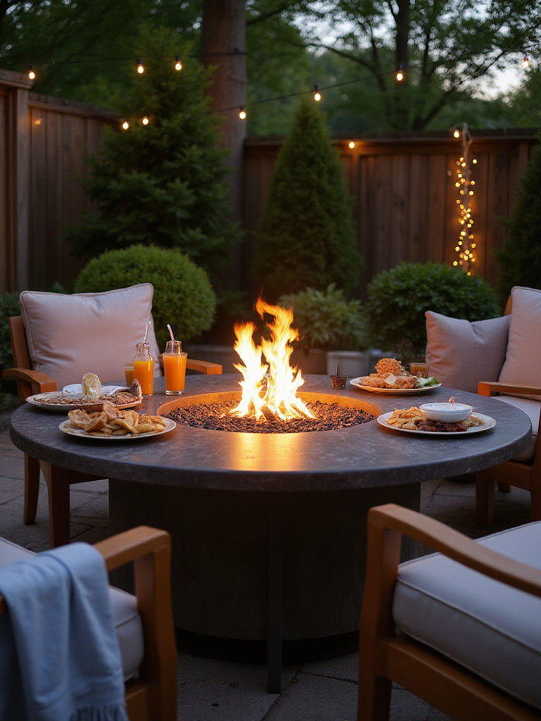 Fire pit table with snacks and drinks in a cozy backyard setting.