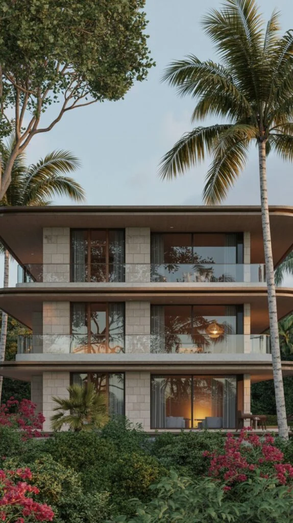 Multi-level tropical modern villa facade with glass balconies and textured stone exterior.