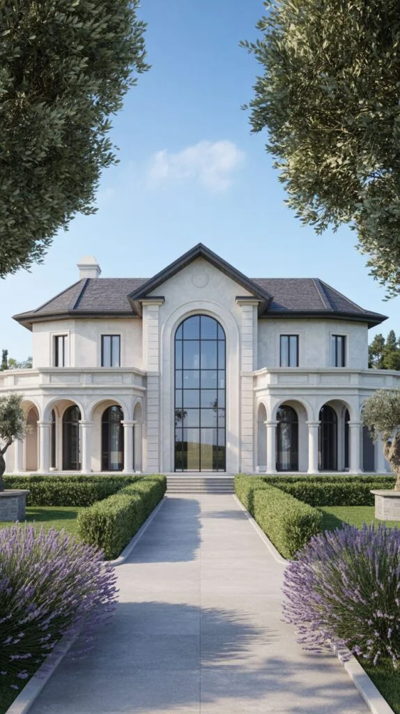 Neoclassical villa facade with arched openings, columns, and lavender-lined pathway.