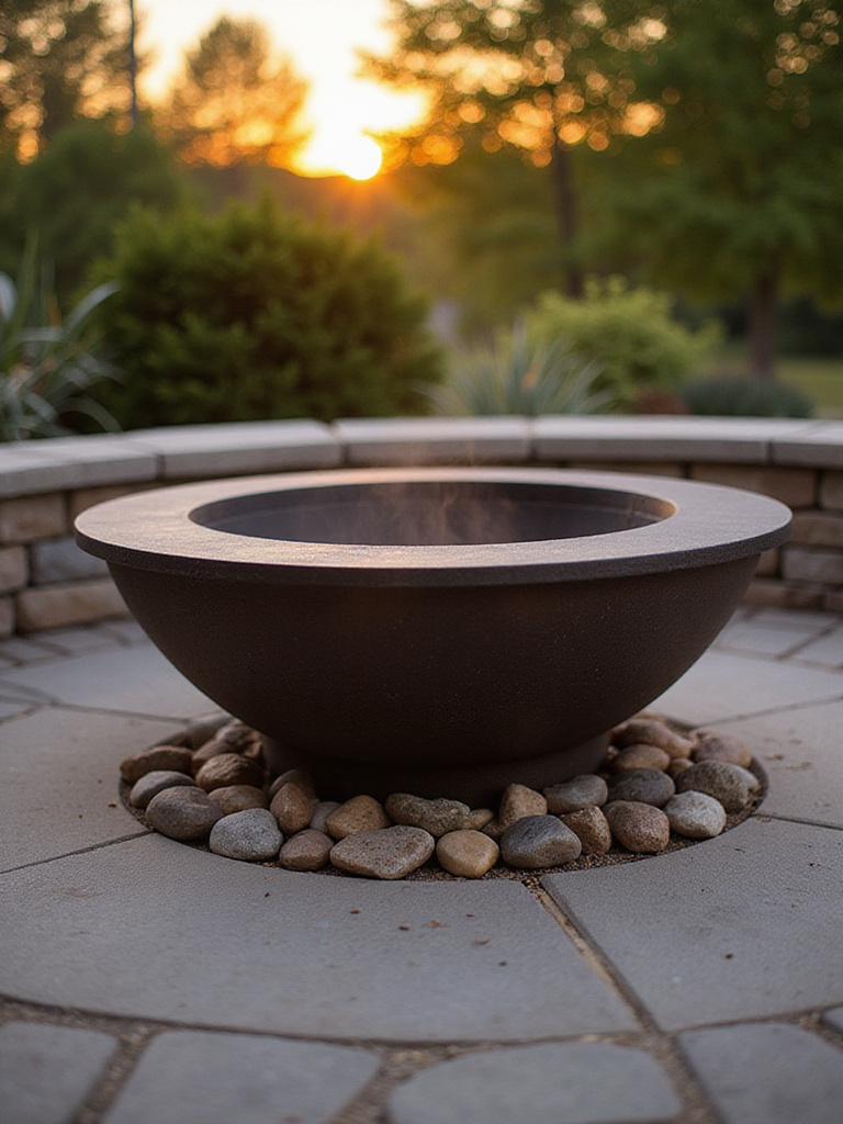 Well-maintained fire pit in a backyard during golden hour.