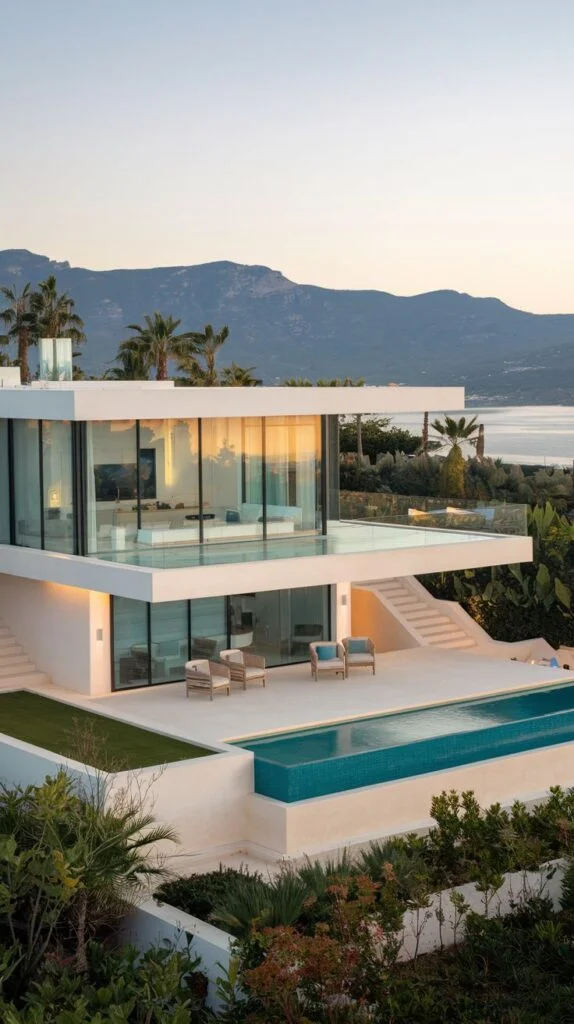 Sleek modern villa facade with large infinity pool, white lines, and glass walls overlooking water.