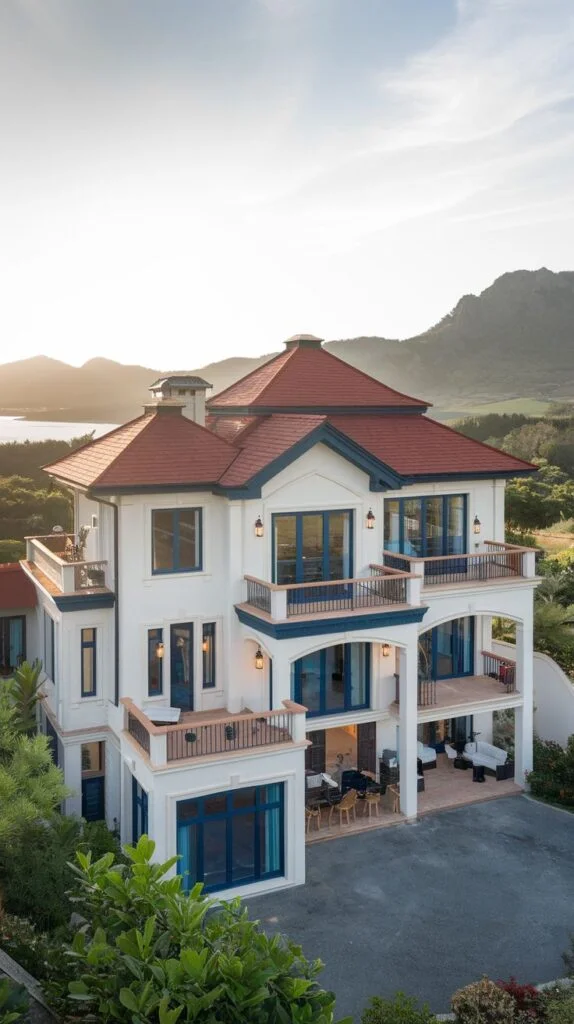 Coastal villa facade with red tiled roof, blue window frames, and multiple balconies.