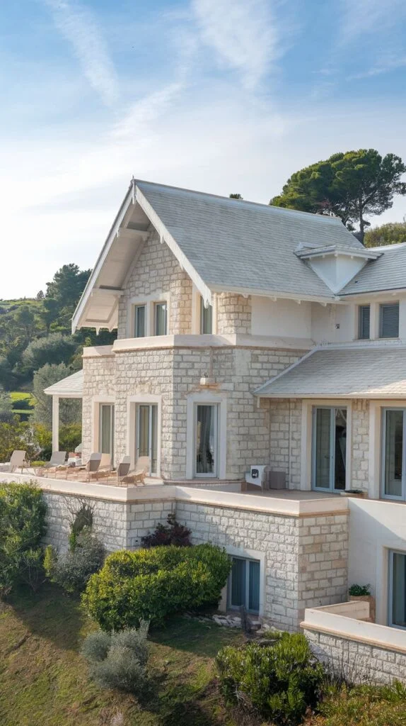 Villa facade with stone cladding, pitched roof, multiple balconies, and tree-lined landscape.
